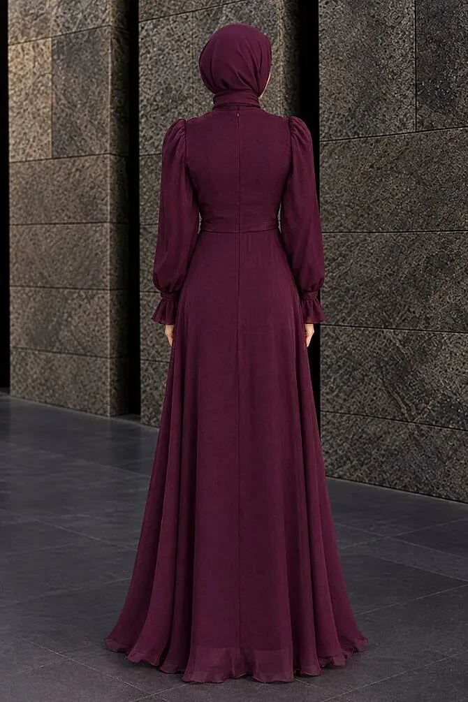 Drape-Detail Plum Modest Evening Dress 62201MU - 2