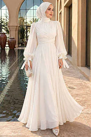 Drape-Detail White Modest Evening Dress 62201B 