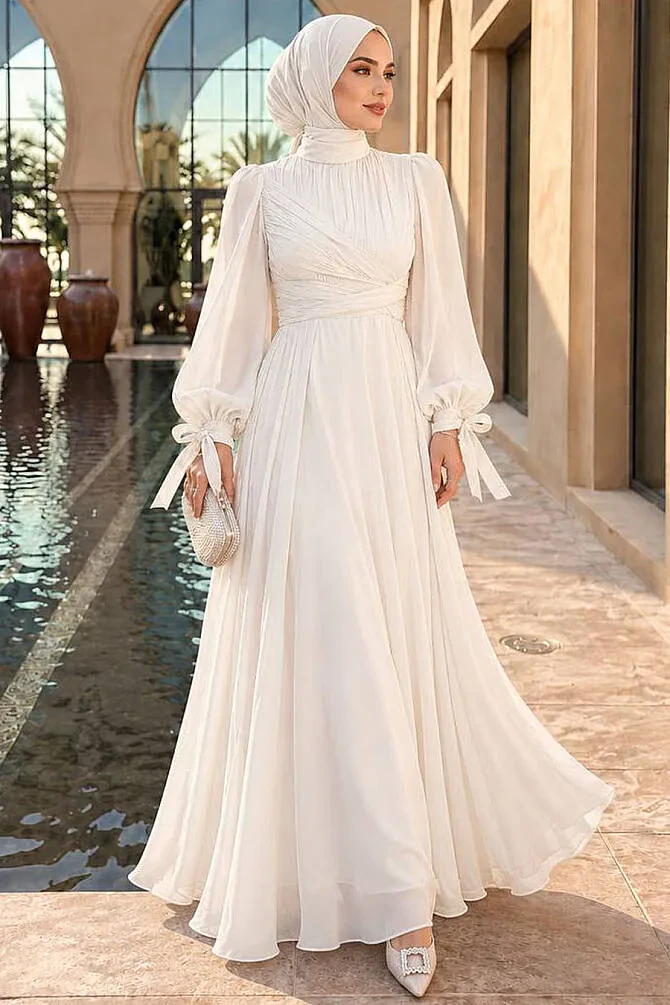 Drape-Detail White Modest Evening Dress 62201B - 1