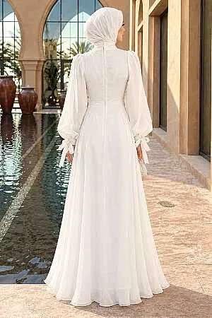 Drape-Detail White Modest Evening Dress 62201B - 2