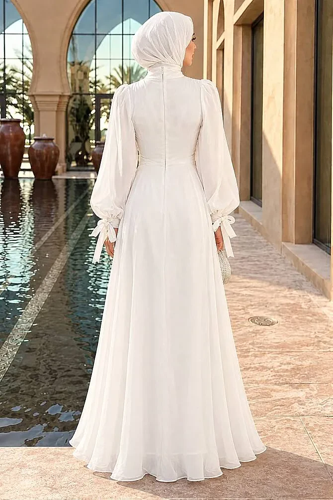 Drape-Detail White Modest Evening Dress 62201B - 2