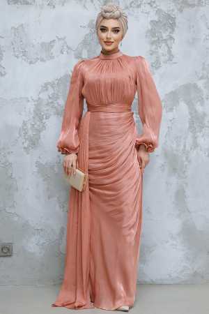  Drape Detaylı Bakır Tesettür Abiye Elbise 4934BKR 