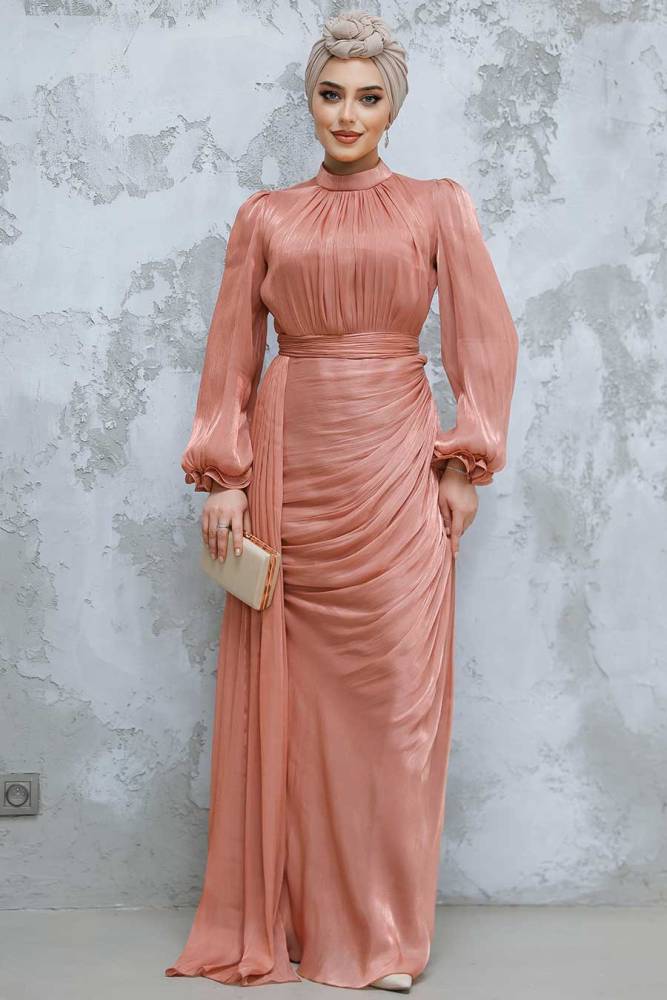  Drape Detaylı Bakır Tesettür Abiye Elbise 4934BKR - 1