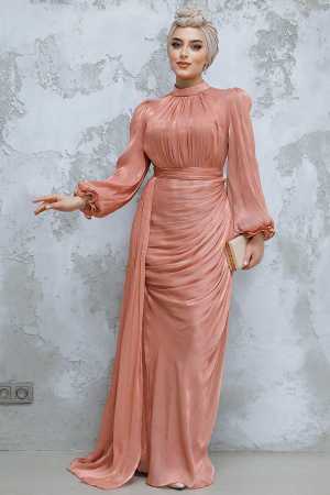  Drape Detaylı Bakır Tesettür Abiye Elbise 4934BKR - 3