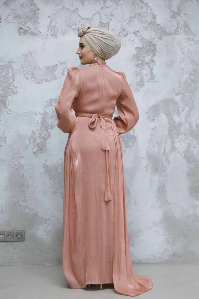  Drape Detaylı Bakır Tesettür Abiye Elbise 4934BKR - 4