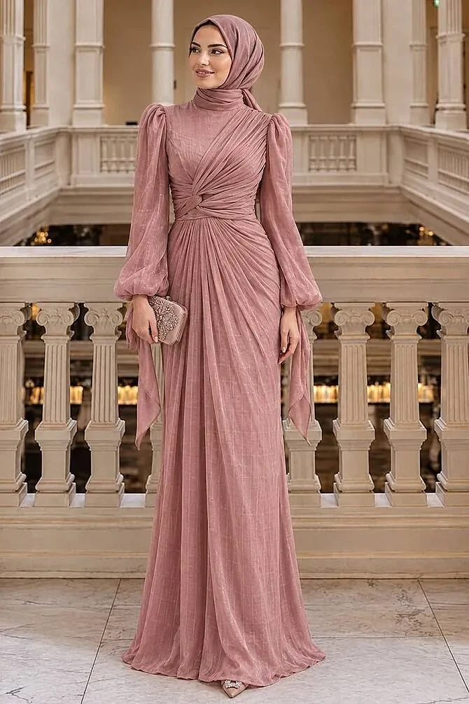- Drape Detaylı Bakır Tesettür Abiye Elbise 52285BKR - 1