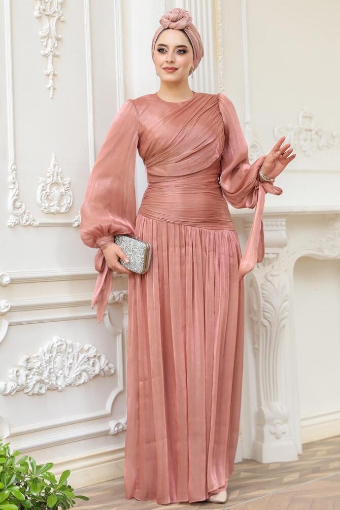 Drape Detaylı Bakır Tesettür Abiye Elbise 53631BKR - 2