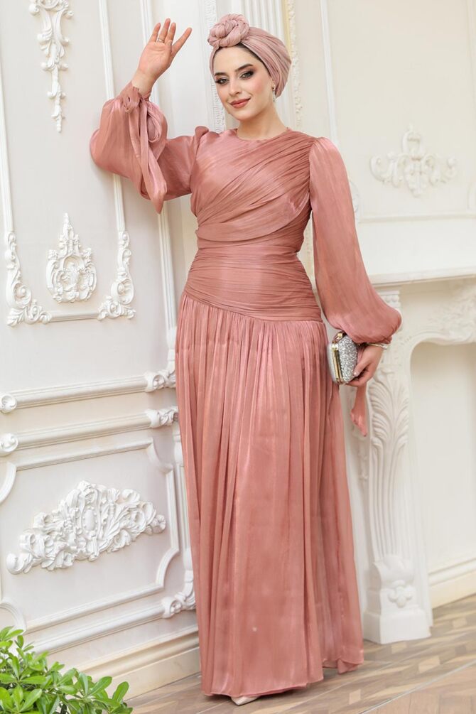 Drape Detaylı Bakır Tesettür Abiye Elbise 53631BKR - 3
