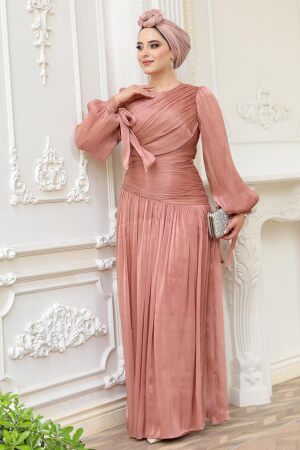 Drape Detaylı Bakır Tesettür Abiye Elbise 53631BKR - 4