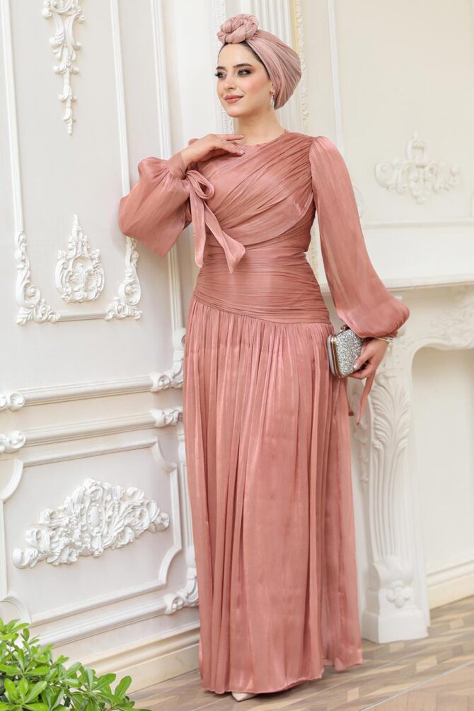 Drape Detaylı Bakır Tesettür Abiye Elbise 53631BKR - 4