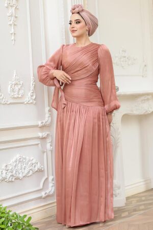 Drape Detaylı Bakır Tesettür Abiye Elbise 53631BKR - 5