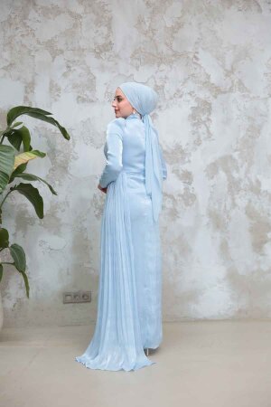  Drape Detaylı Bebek Mavisi Tesettür Abiye Elbise 51481BM - 3