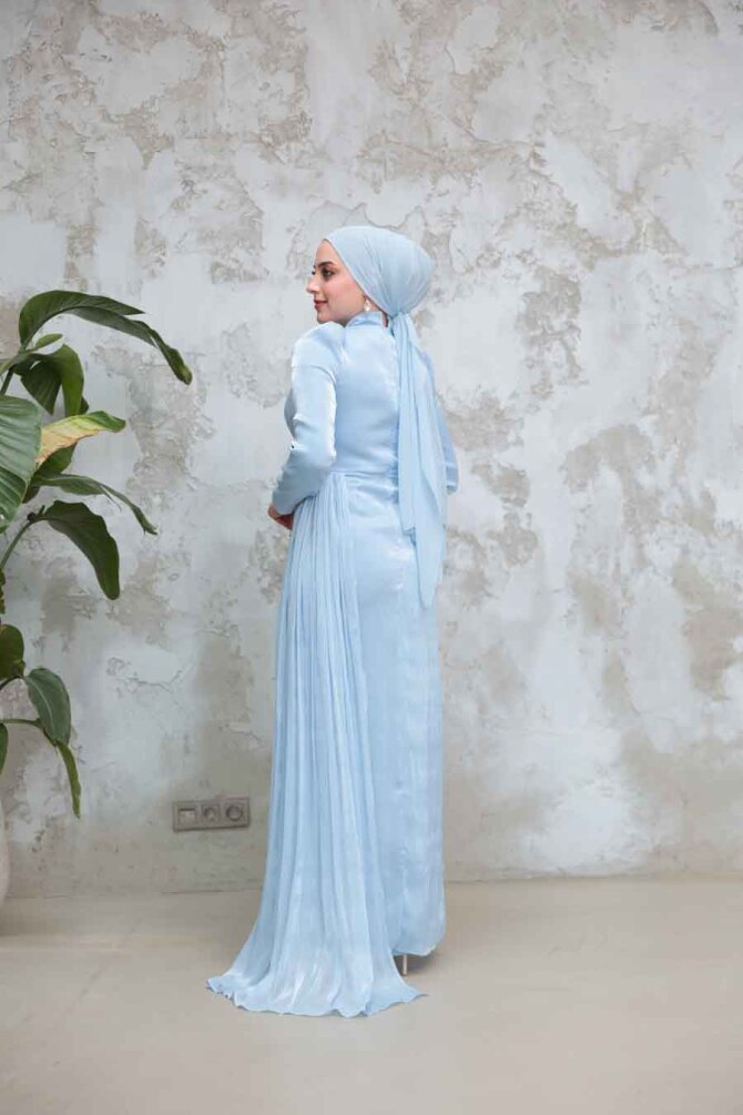  Drape Detaylı Bebek Mavisi Tesettür Abiye Elbise 51481BM - 3