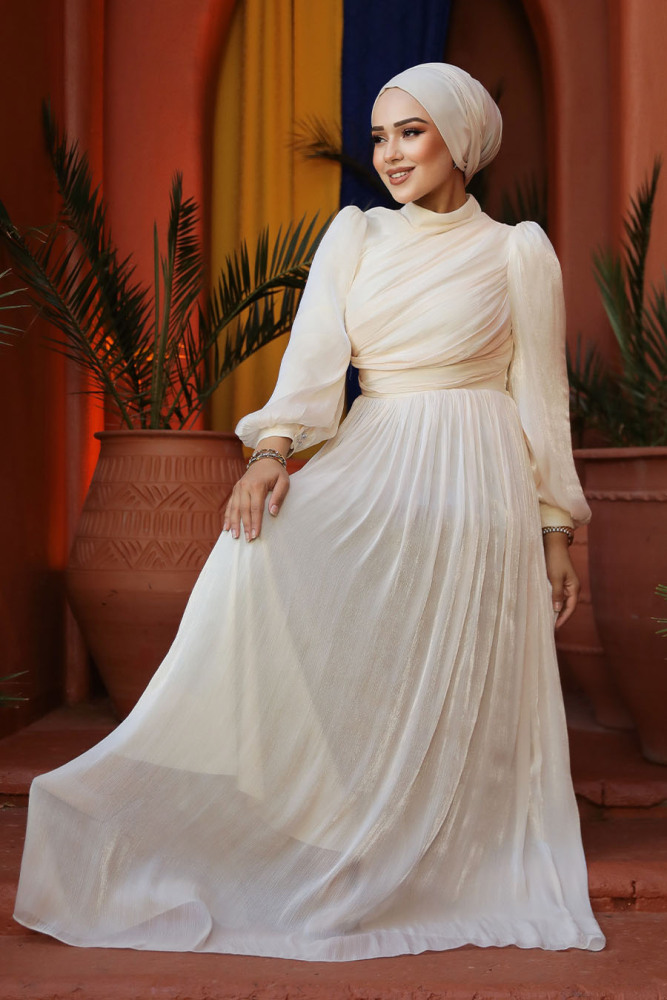  Drape Detaylı Bej Tesettür Abiye Elbise 44081BEJ - 3