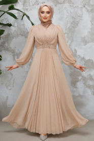  Drape Detaylı Bej Tesettür Abiye Elbise 4448BEJ - 2