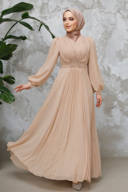  Drape Detaylı Bej Tesettür Abiye Elbise 4448BEJ - 1