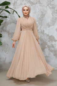  Drape Detaylı Bej Tesettür Abiye Elbise 4448BEJ - 3