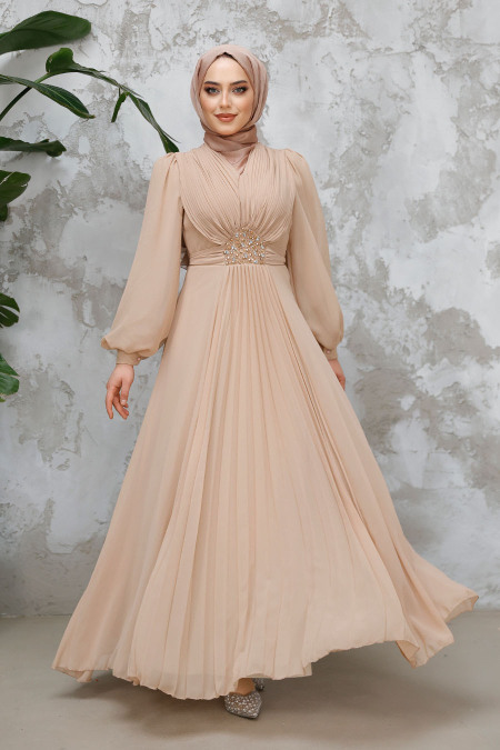  Drape Detaylı Bej Tesettür Abiye Elbise 4448BEJ - 3