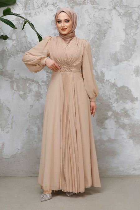  Drape Detaylı Bej Tesettür Abiye Elbise 4448BEJ - 4
