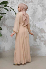  Drape Detaylı Bej Tesettür Abiye Elbise 4448BEJ - 5