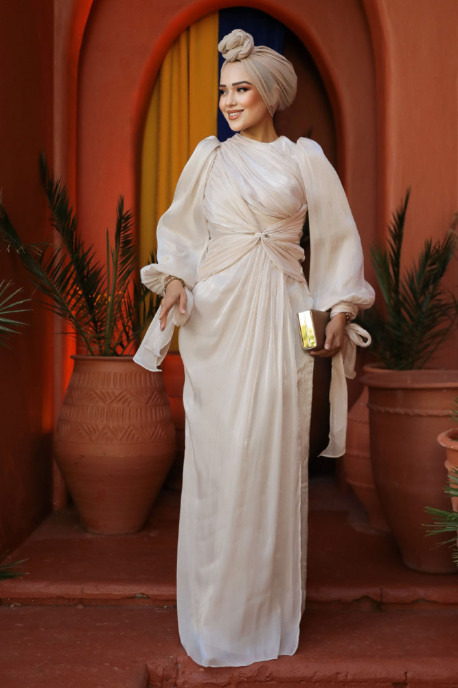 Drape Detaylı Bej Tesettür Abiye Elbise 47261BEJ - 4