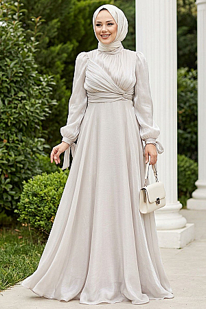 Drape Detaylı Bej Tesettür Abiye Elbise 4823BEJ 