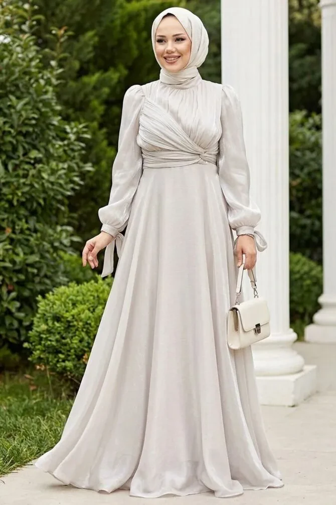 Drape Detaylı Bej Tesettür Abiye Elbise 4823BEJ - 1
