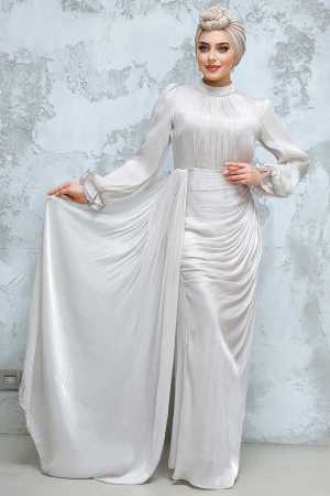  Drape Detaylı Bej Tesettür Abiye Elbise 4934BEJ - 1