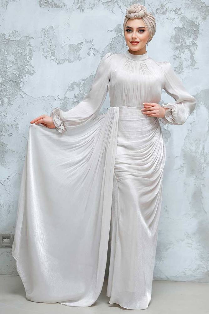  Drape Detaylı Bej Tesettür Abiye Elbise 4934BEJ - 1