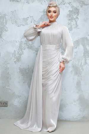  Drape Detaylı Bej Tesettür Abiye Elbise 4934BEJ - 2