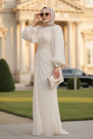Drape Detaylı Bej Tesettür Abiye Elbise 50193BEJ - 1
