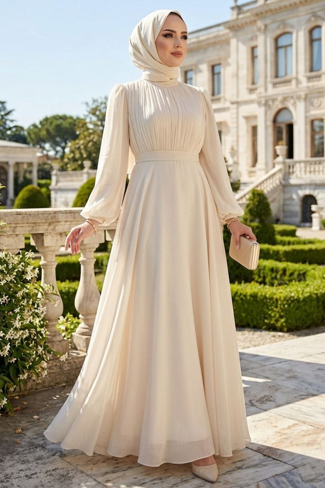 Drape Detaylı Bej Tesettür Abiye Elbise 51072BEJ - 1