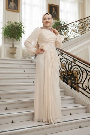 Drape Detaylı Bej Tesettür Abiye Elbise 51203BEJ - 1