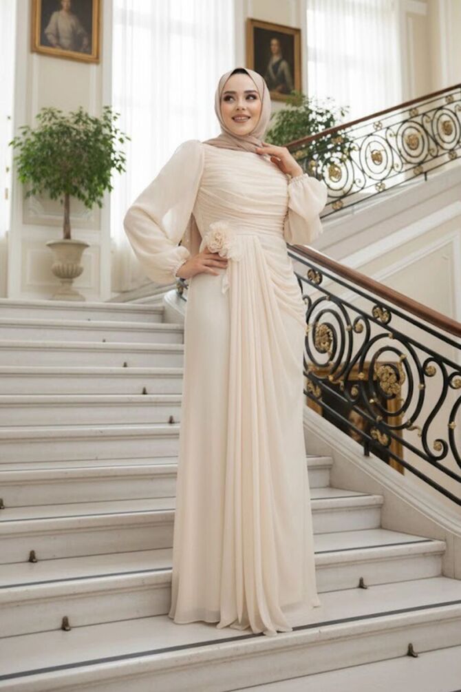 Drape Detaylı Bej Tesettür Abiye Elbise 51203BEJ - 1