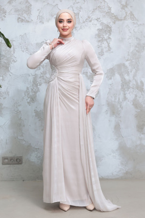 Drape Detaylı Bej Tesettür Abiye Elbise 51481BEJ - 1