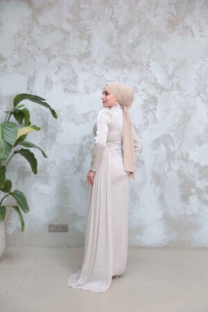 Drape Detaylı Bej Tesettür Abiye Elbise 51481BEJ - 3