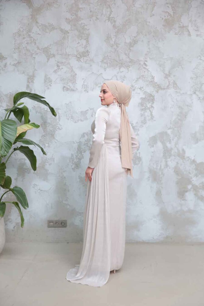 Drape Detaylı Bej Tesettür Abiye Elbise 51481BEJ - 3