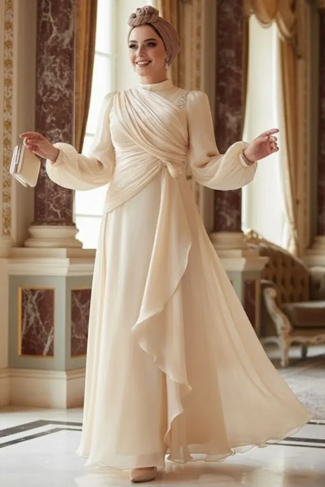  Drape Detaylı Bej Tesettür Abiye Elbise 51641BEJ - 1
