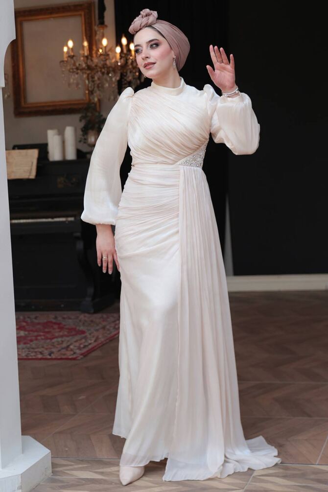 Drape Detaylı Bej Tesettür Abiye Elbise 52585BEJ - 2