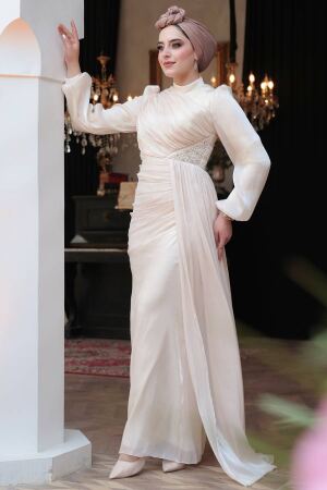 Drape Detaylı Bej Tesettür Abiye Elbise 52585BEJ - 3