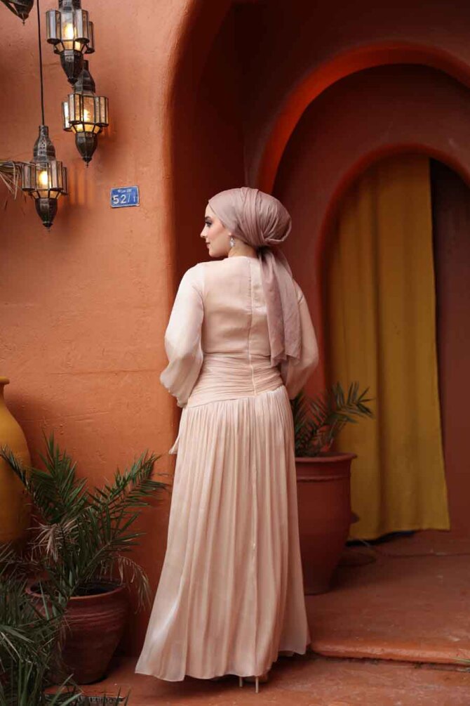 Drape Detaylı Bej Tesettür Abiye Elbise 53631BEJ - 3