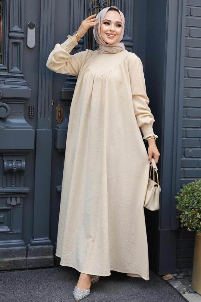 Drape Detaylı Bej Tesettür Elbise 23211BEJ - 1