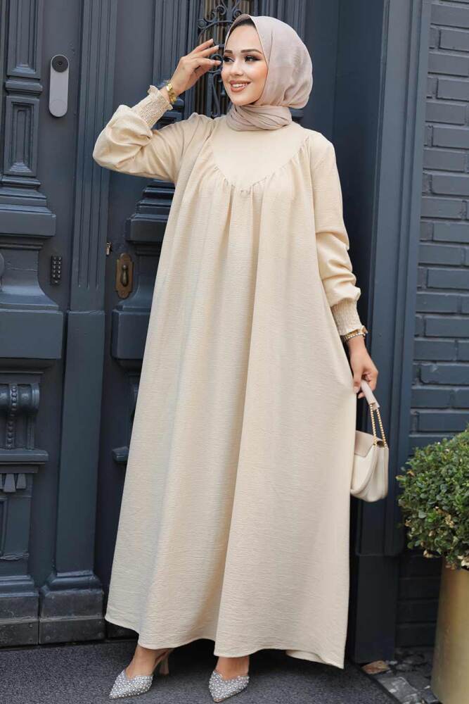 Drape Detaylı Bej Tesettür Elbise 23211BEJ - 2