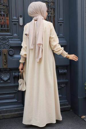 Drape Detaylı Bej Tesettür Elbise 23211BEJ - 3