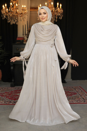 Drape Detaylı Bej Tesettür Elbise 44591BEJ - 2