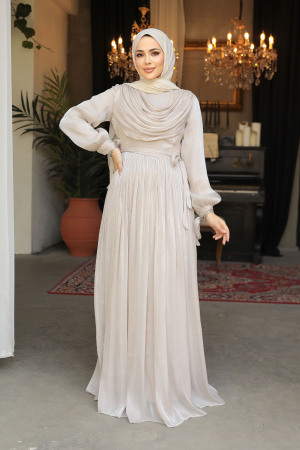 Drape Detaylı Bej Tesettür Elbise 44591BEJ - 3