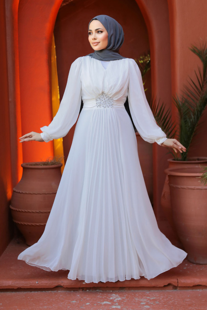 Drape Detaylı Beyaz Tesettür Abiye Elbise 4448B - 2