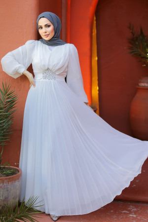 Drape Detaylı Beyaz Tesettür Abiye Elbise 4448B - 1