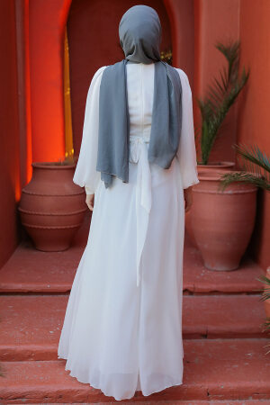 Drape Detaylı Beyaz Tesettür Abiye Elbise 4448B - 4