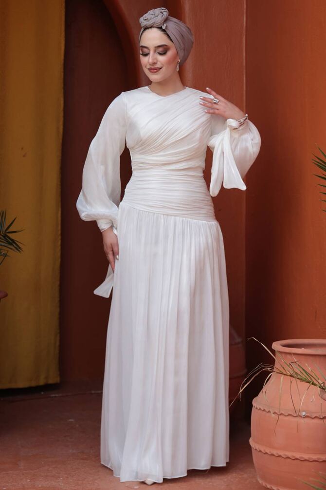 Drape Detaylı Beyaz Tesettür Abiye Elbise 53631B - 2
